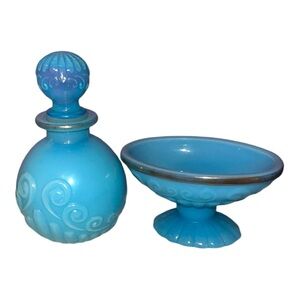 Vintage Avon Bristol Blue Opaline Moonwind Perfume Bottle  & Soap Dish